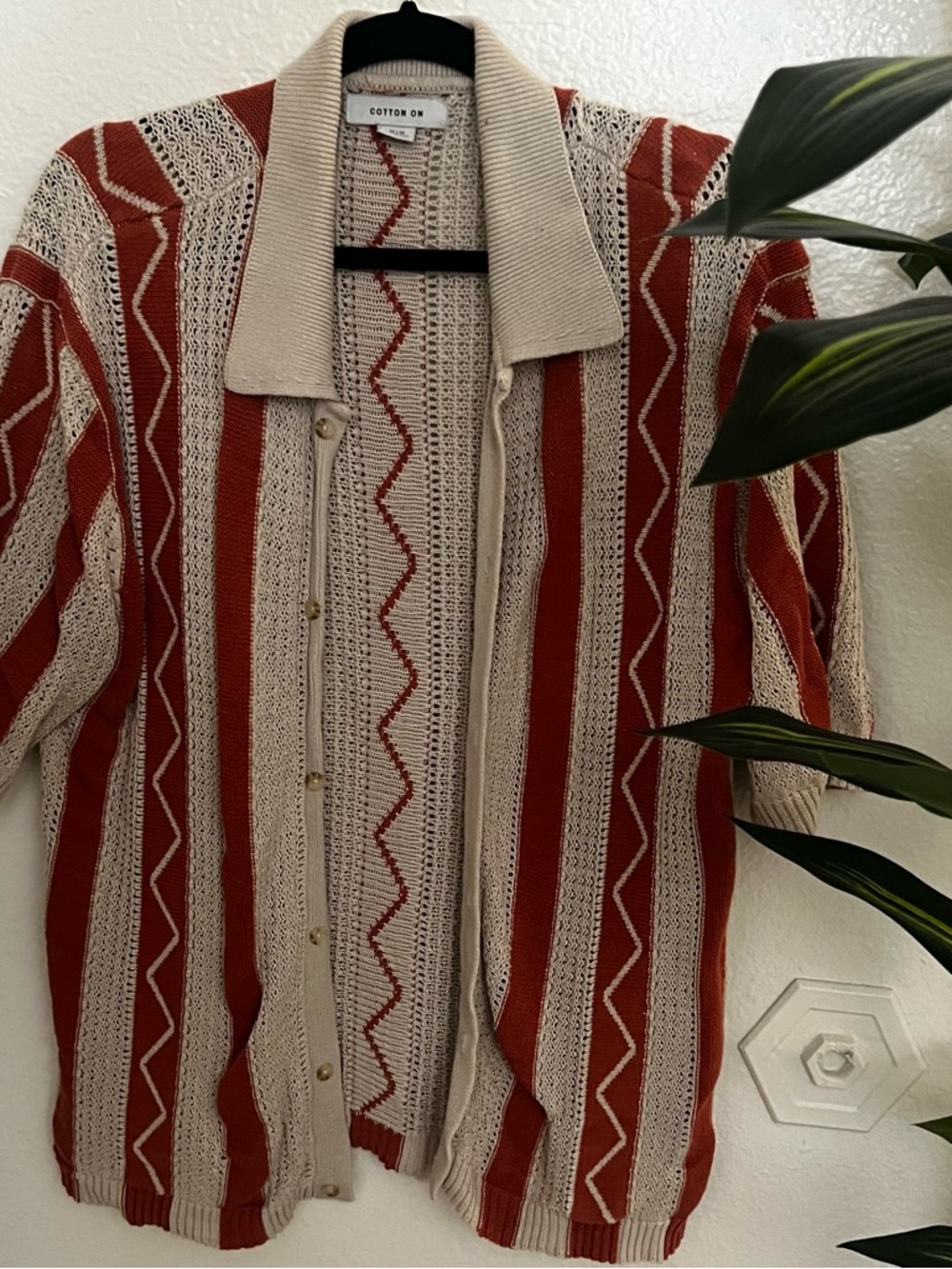 Cotton On Open-Weave Stripe Cardigan in Rust & Cream